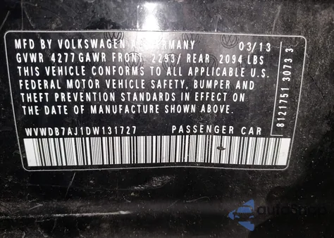 2013 Volkswagen Golf 2.5L 4-Door from USA, damaged, VIN WVWDB7AJ1DW131727